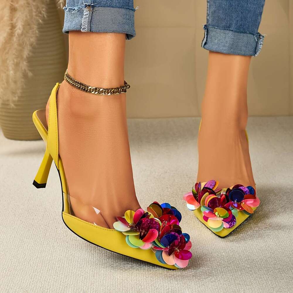 Ladies Fashionable Pointed Toe Open Back Ultra High Heeled Sandals Adorned With Sequined Design At The Toe Perfect For Parties Banquets Weddings And O