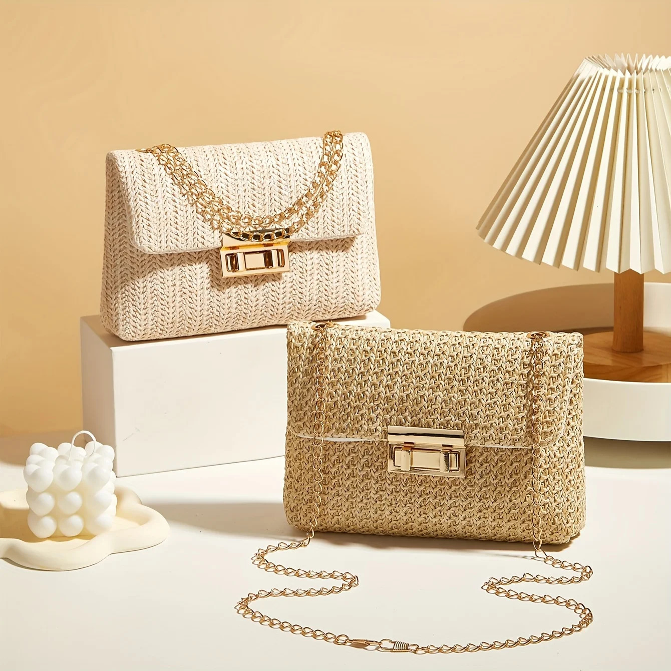 Woven Straw Handwoven Womens Shoulder Bag Fashion Solid Color Crossbody Purse with Lock Clre 260208