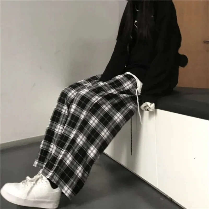 Fashion Oversized Drawstring Baggy Pants Women Black Plaid High Waist Unisex Hip Hop Pant Casual Loose Sweatpants Chic Trousers 122 H260209