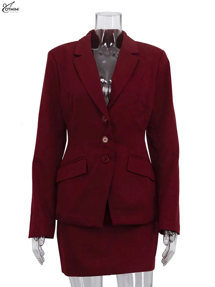 Oymimi Fashion Wine Red Two Piece Set For Women Elegant Long Sleeve Single Breasted Blazers And Slim Simple Mini Skirts Sets 250203