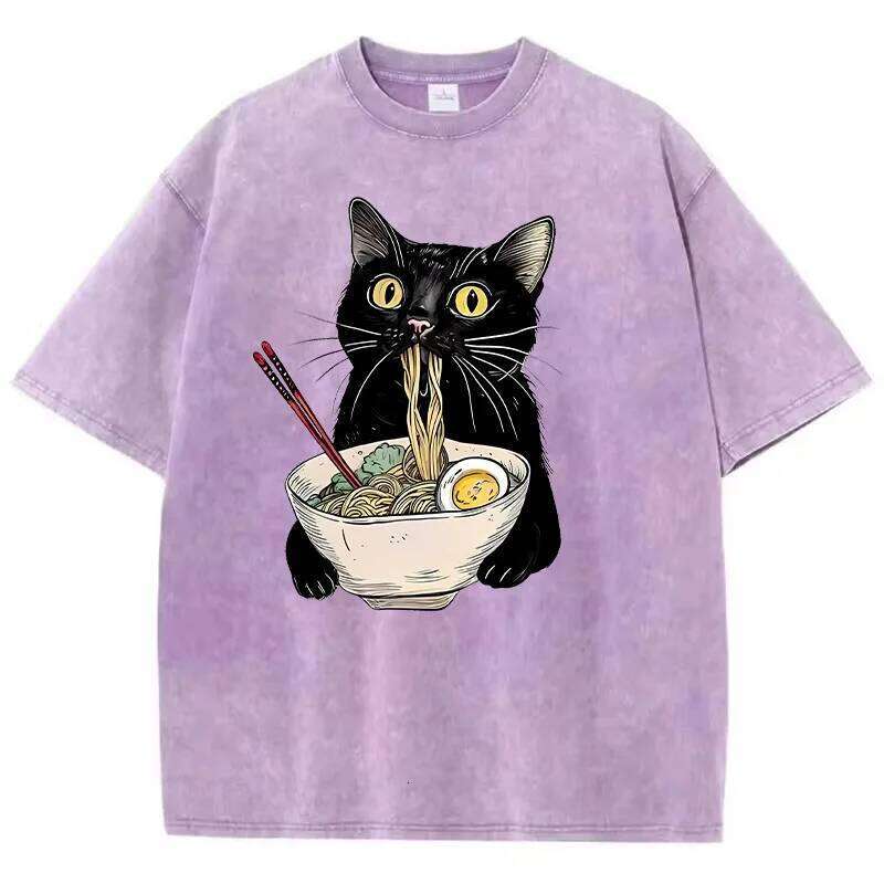 Unisex Hip Hop T Shirt Vintage Washed 100% Cotton T-Shirt Black Retro Cat Eating Ramen Graphic Tee Casual Streetwear X260209