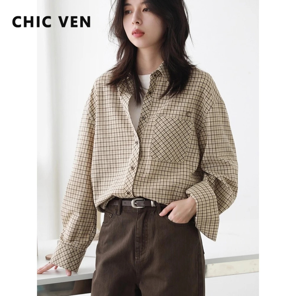 CHIC VEN Women Shirt Loose Casual Single-breasted Retro Contrast Plaid Embroidered Blouses Female Top Autumn Winter 260207