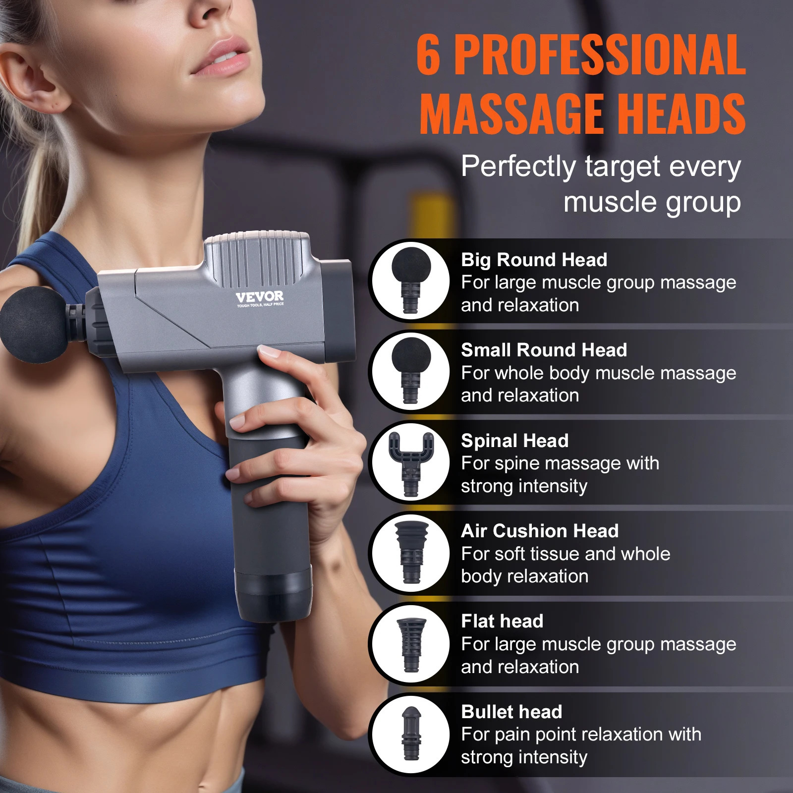 SucceBuy Massage Gun Deep Tissue Percussion Muscle Massager for Athletes w/ 8 Speed Levels 6 Massage Heads 16V 2500mAh Batteries 260129