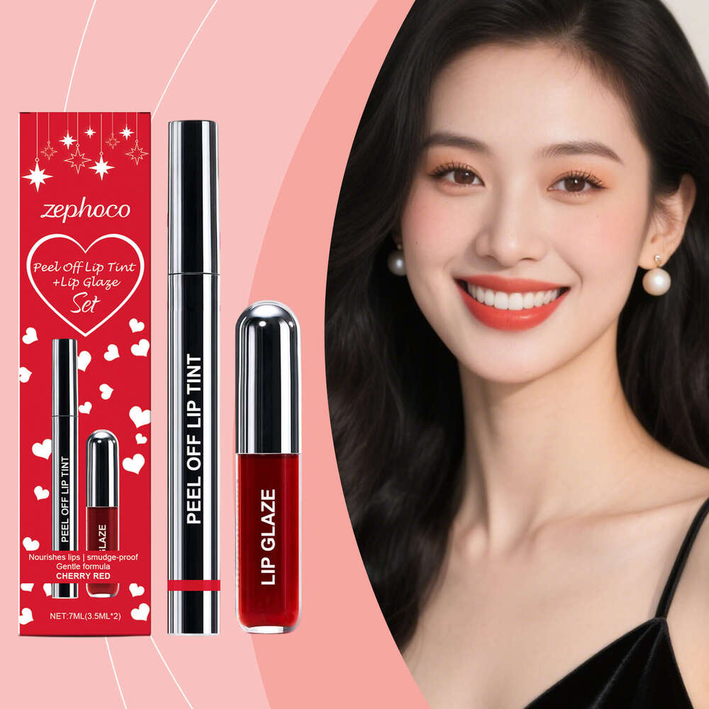 zephoco Cherry Red Peel-Off Liner and Glaze Set Daily Natural Color Moisturizing Lip Makeup