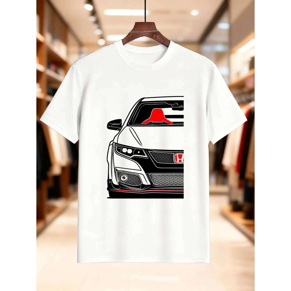 Men's Graphic Print Short Sleeve T-Shirt - Summer Pure Cotton Comfortable Loose Fit, Trendy Red & Black Cars with White Stripe X260209