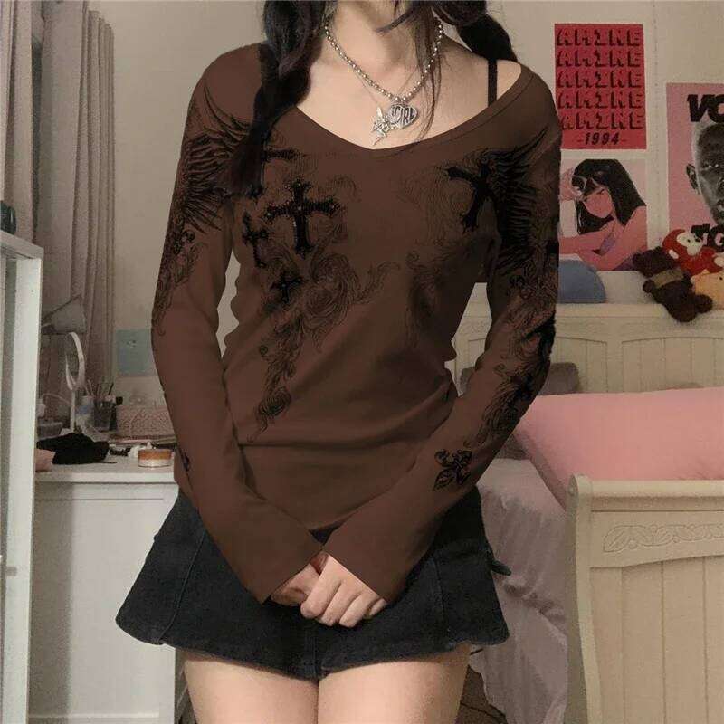 New 2000S Aesthetic T Shirt Graphic Cross Wings Print Long Sleeve Tops Y2k Women Clothes Fairycore Grunge Tee Streetwear