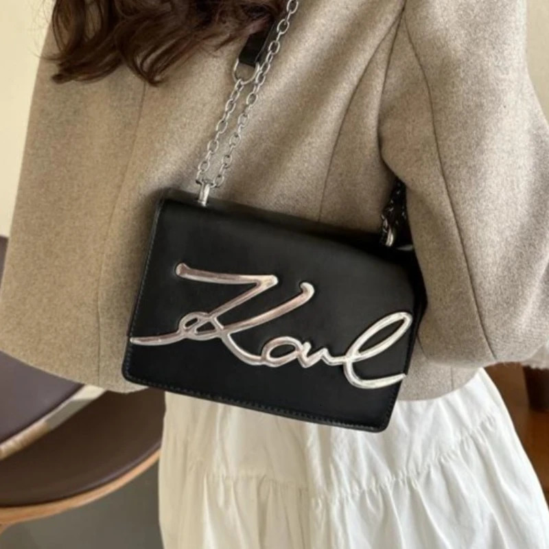 Fashionable Crossbody Bag Solid Color Shoulder Metal Letter ChainLink Strap Featuring Magnetic Button for Daily Use 260208