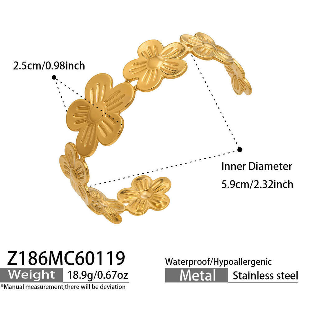 Heavy-duty exaggerated floral butterfly leaf design bracelet, stainless steel plated with 18K gold, open bangle, vintage women's jewelry
