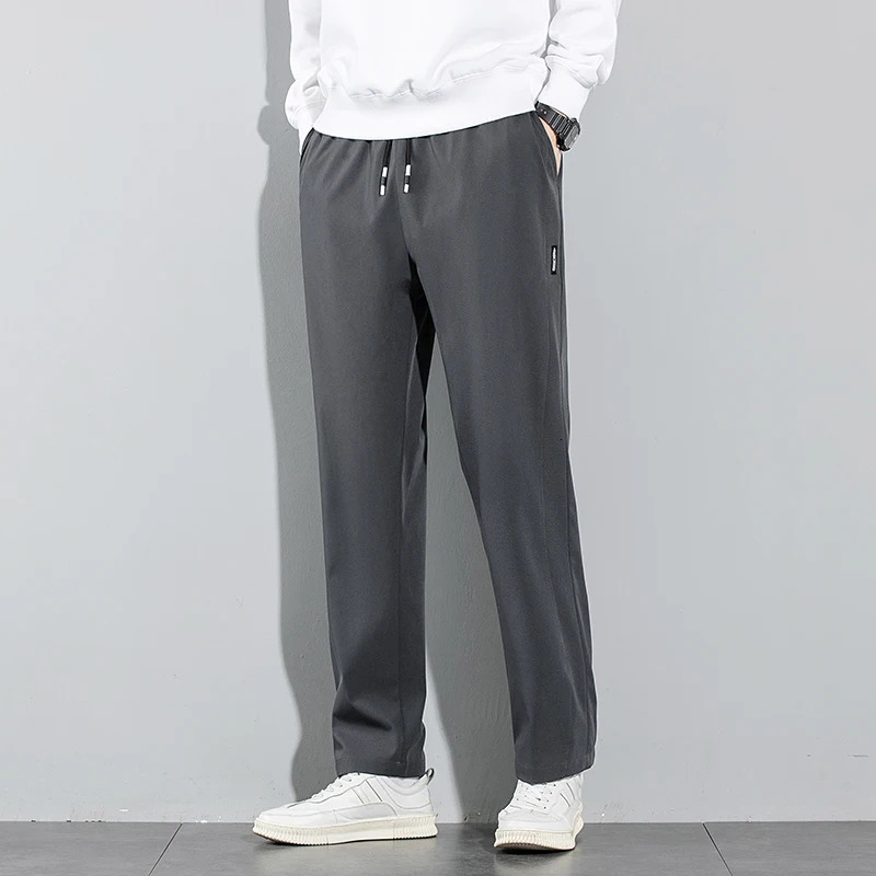 Ice Silk Mens Pants 2025 Summer Black Gray Thin Business Casual Pants Outdoor Elastic Breathable Straight Leg Sweatpants 260122