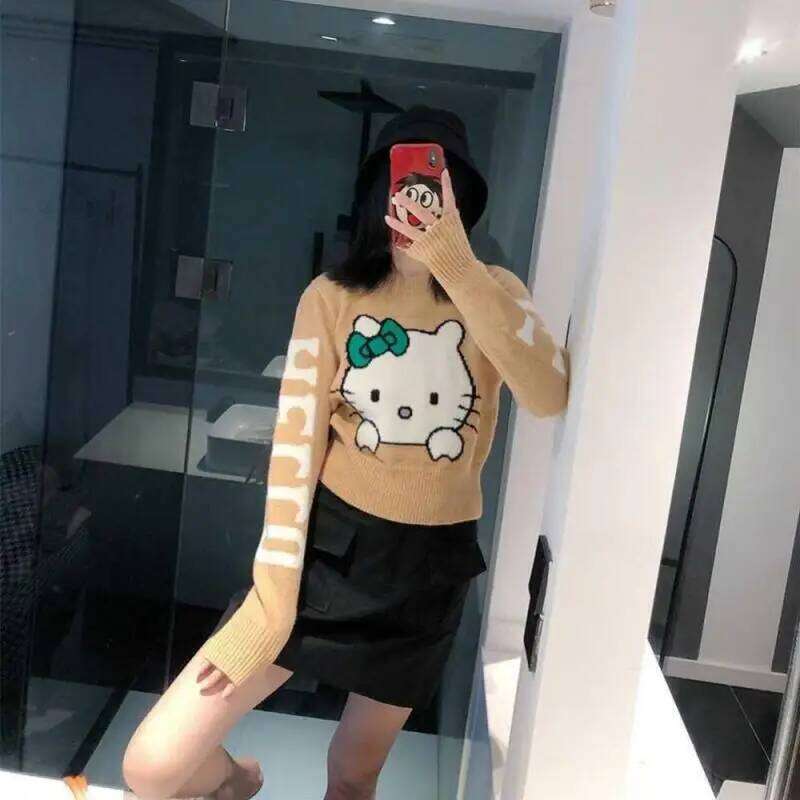 Hello Kittys Long Sleeve Knitwear Women Crop Tops Fashion Sweater Slim Fit Korean Cartoon All Match Round Neck Pullovers