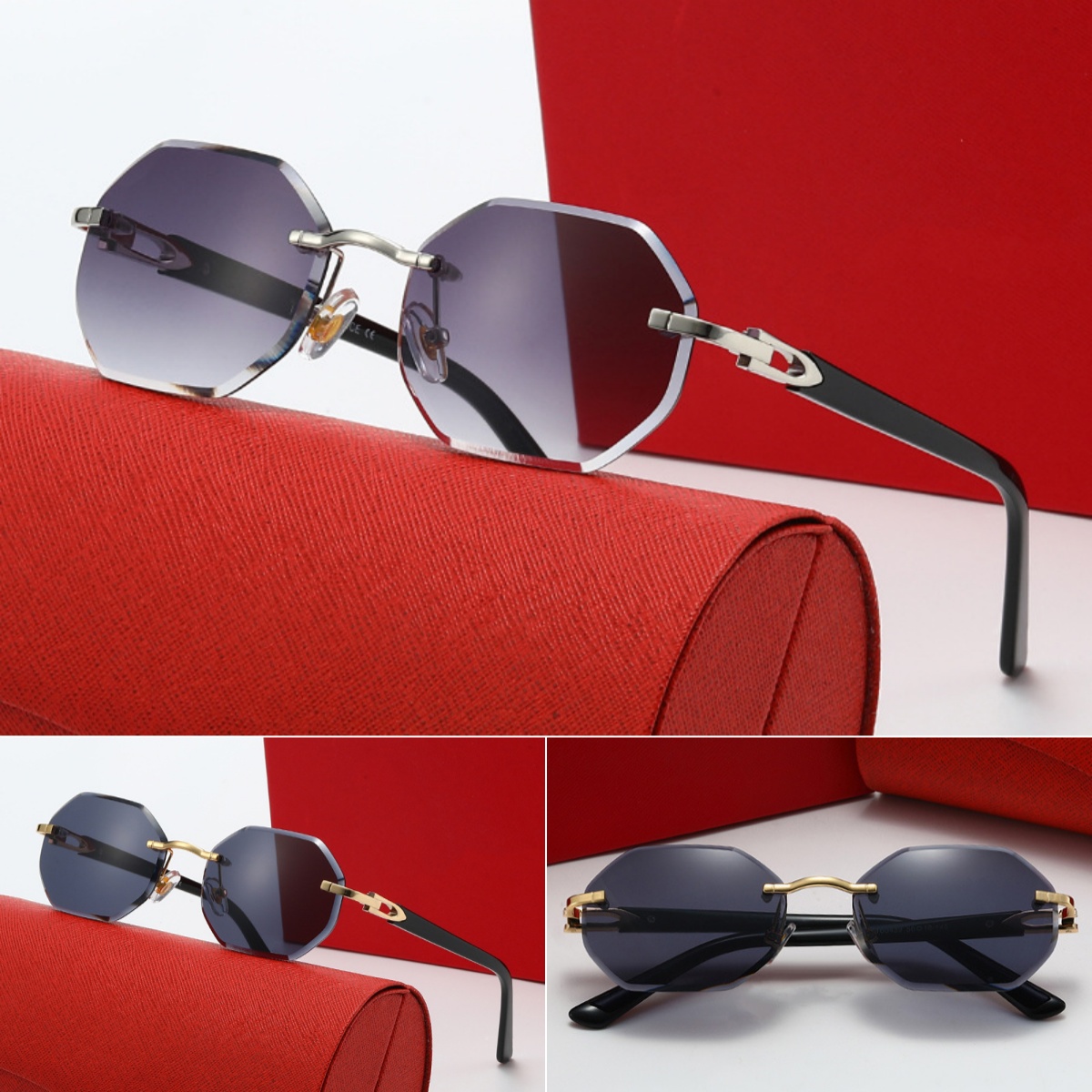 Mens Designer Rimless Octagon Sunglasses - Gold Metal Frame C-Logo Accents Multi-Color Gradient Lens UV400 Protection Retro Luxury Glasses for Women Driving