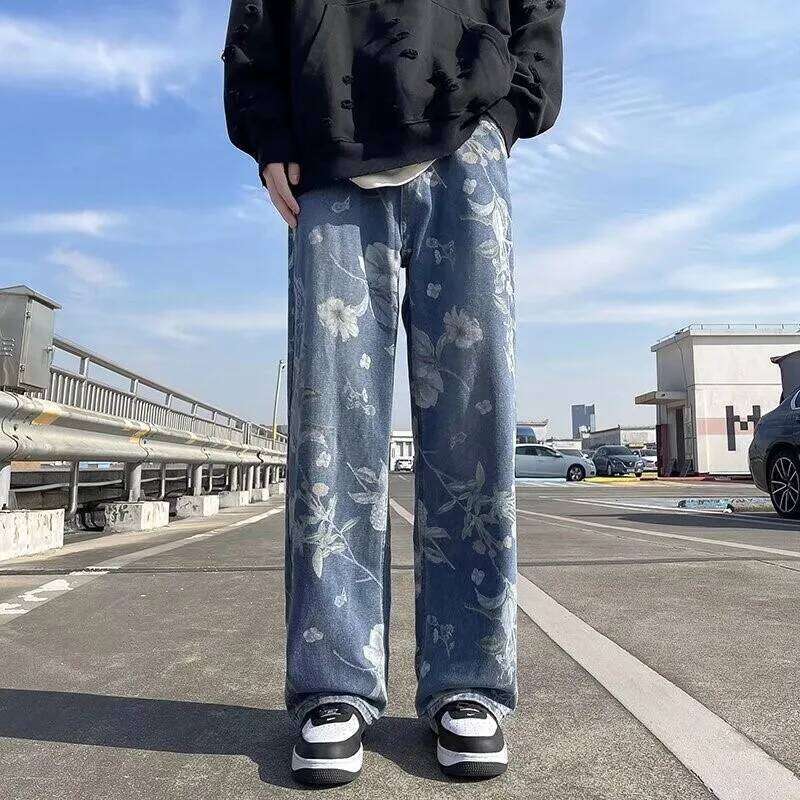 Printed Jeans 2025 Spring Korean Style Mens New Floral Denim Pant High Street Loose Straight Couples Trousers baggy hosen herren