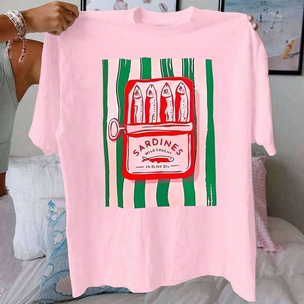 Summer Sardine Printed Cotton T-Shirt Round Neck Breathable Material Short Sleeve Casual Fashion Women'S Top X260209