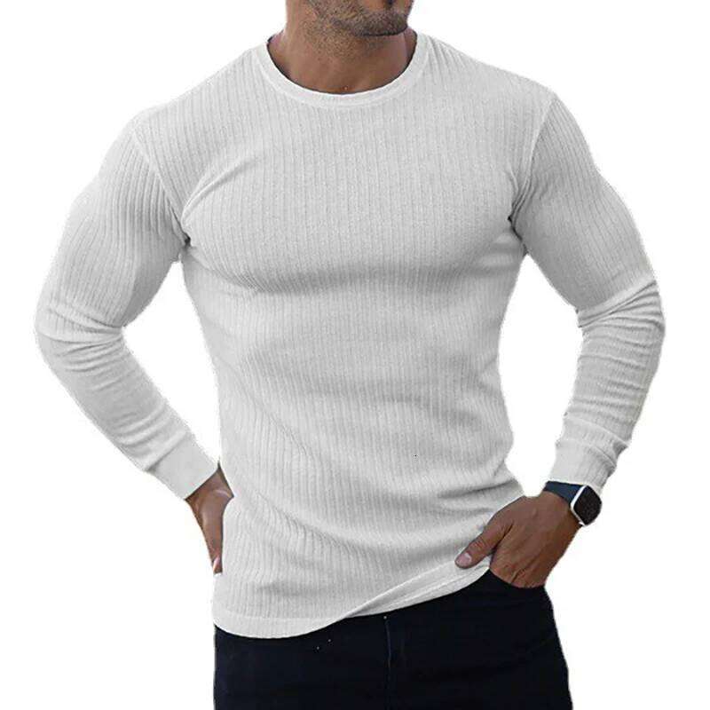 Autumn Breathable Knitted Long Sleeve Shirt Men Fitness Sport Stripe Slim Fit Clothing Gym Bodybuilding O-neck Quick Dry T-Shirt 26Y0209