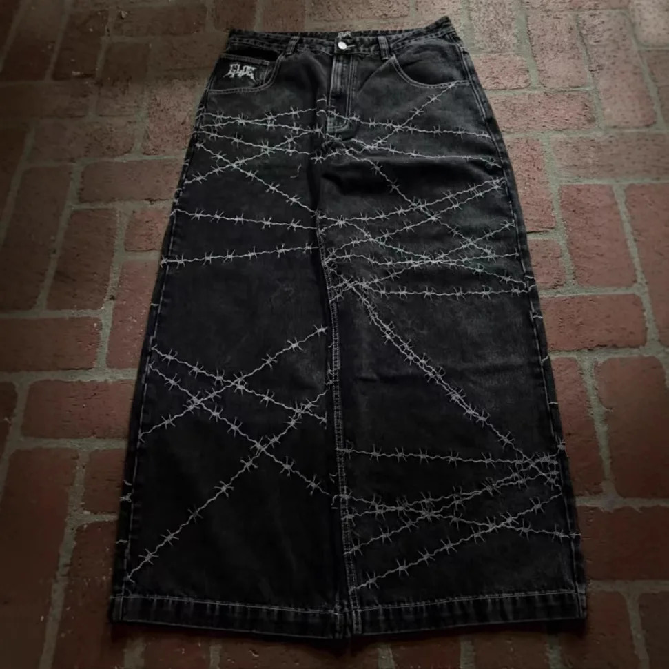 Jeans y2k high street hip hop loose wide-leg casual pants mens pants jeans street wear printed gothic style trousers 260208