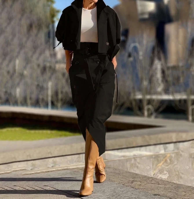 Womens Casual Temperament Two Piece Sets Outfit Notched Collar Long Sleeve Coat Skirt for Women 2 Pieces Autumn 250203