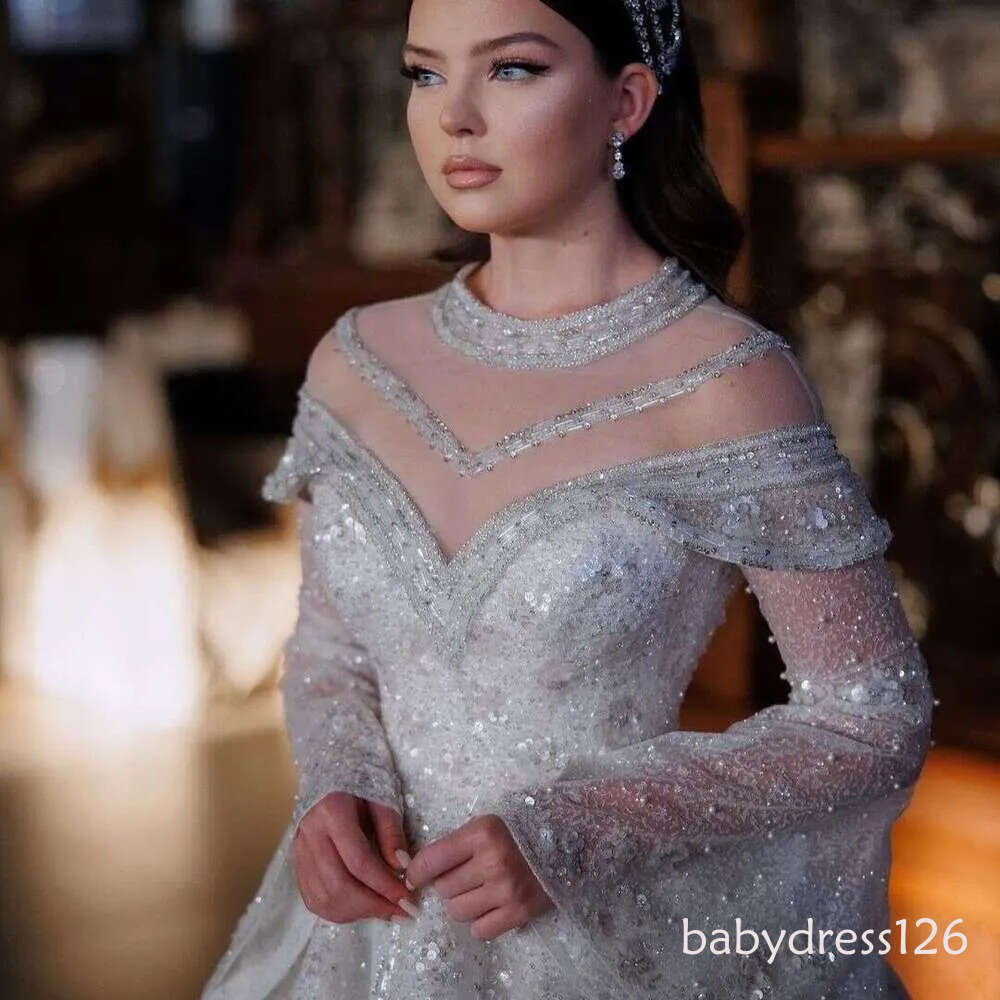 FATAPAESE Wedding Dress Princess Gown Beading Crystal Stons Illusion Flare Sleeve with Cape V-Neck Fluffy Skirt Bride