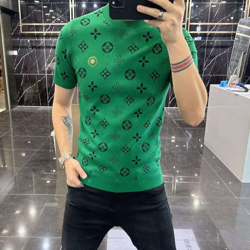 High-End Short-Sleeve Sweater 2023 Autumn And Winter New Men's Jacquard Knit Half-Sleeve Wool Shirt With Round Neck