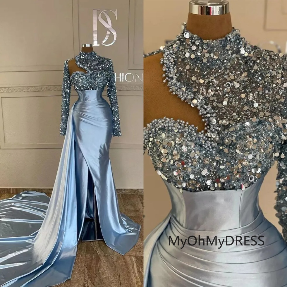 Shiny Sequined Mermaid Evening Dresses High Neck Pearls Beading Full Sleeve Party Gowns Custom Made robe de soiree mariee luxe 0209