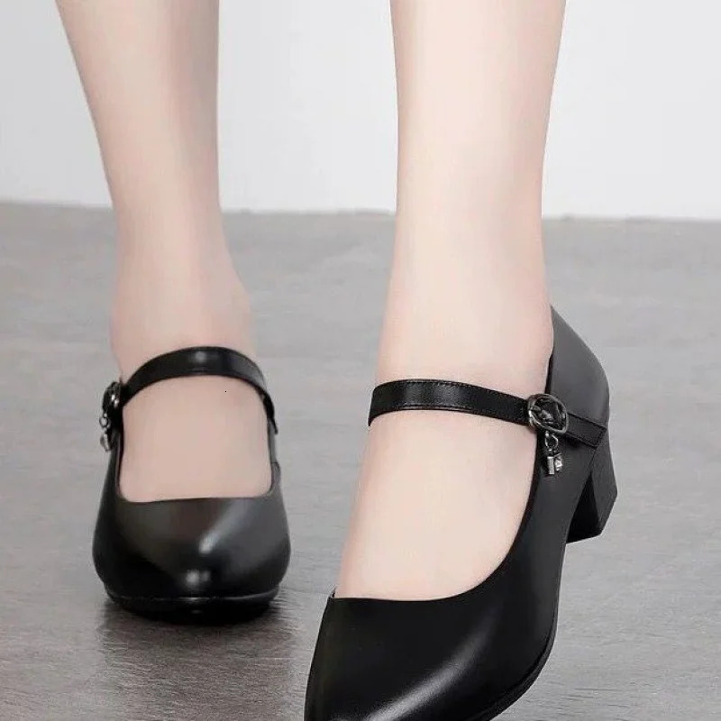 2025 Womens Medium Heel Pumps - Soft Leather Non-Slip with Adjustable Buckle Comfortable for Daily Casual Wear 260202