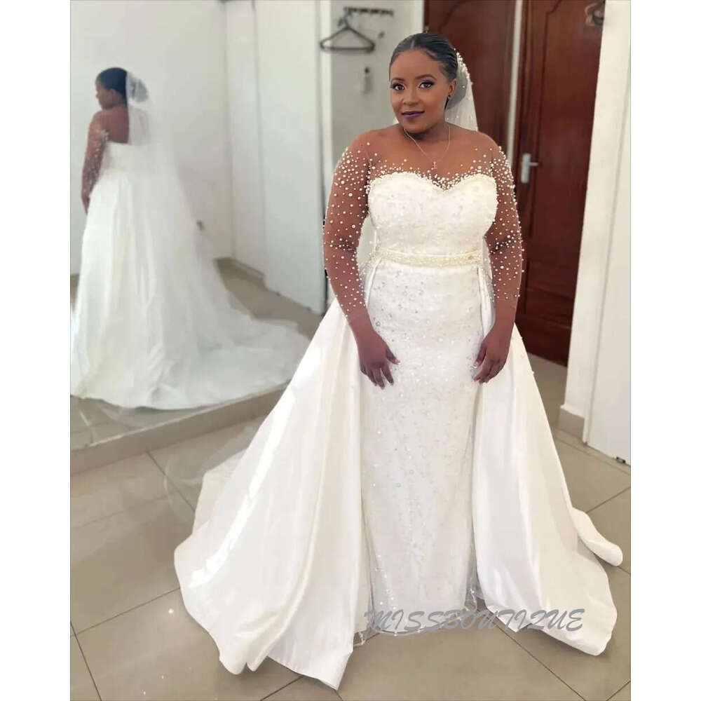 Ivory Satin Mermaid Wedding Dress With Pearls Sequins Full Sleeves And Detachable Train Vestido De Novia 0209