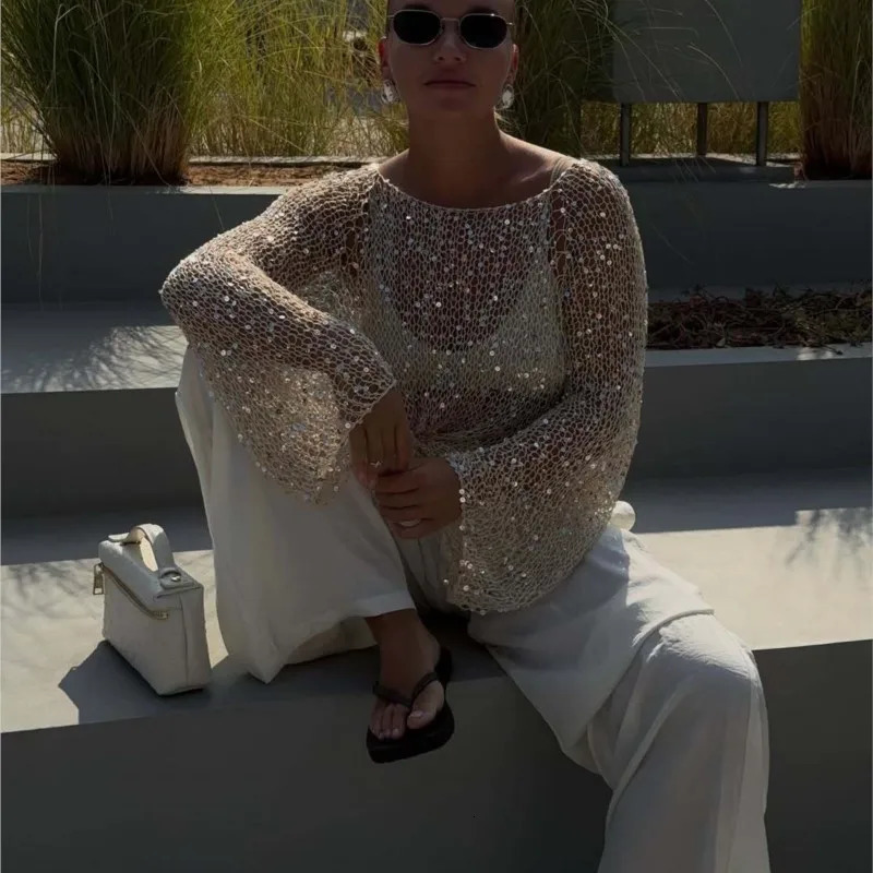 Fashion Sexy See Through Hollow Out Shiny Tops Women Round Neck Loose Sequins Glitter Pullover Chick Chic Outfits 250203