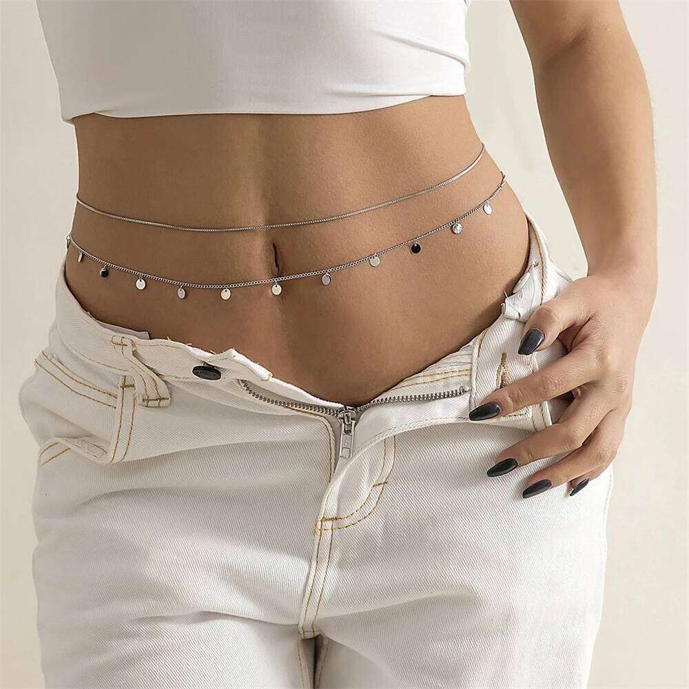 Fashion MultiLevel Gold-plate Crystal Round Sequin Heart Pendant Waist Chain For Women Elasticity Sexy Beach Body Jewelry Gift X260209