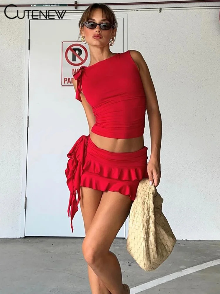 Cute Womens Halter Lace-up Two Pieces Sets Spaghetti Strap Camisole Hip Slim Mini Skirt Streetwear Female Dress Suit 260208