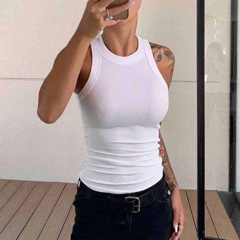 Solid Basic Soft For Women Summer Outfits Tight Sexy Round Neck Tank Knitted Bottom Shirt Sleeveless Top Outerwear 26Y0209