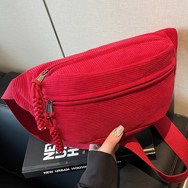 Perfect Lily Womens Corduroy Waist Bag Adjustable Chest Crossbody with Multiple Zipper Pockets Daily Use Purse 260208