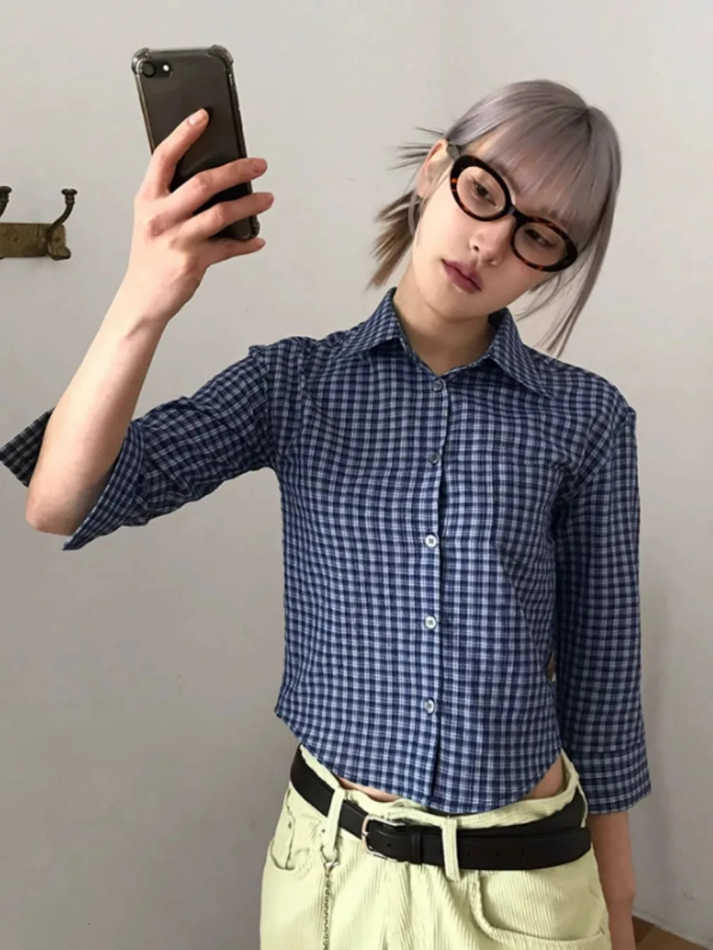 Genayooa Y2k Plaid Shirt Women Three Quarter Casual Shirt Japanese 2000s Grunge Tops Streetwear Summer Shirt Korean Style 260207