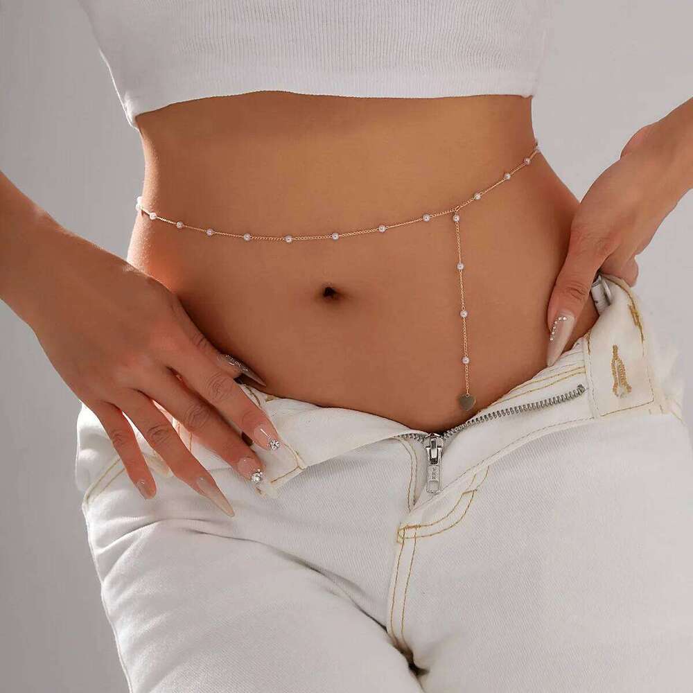 Elegant Imitation Pearl Long Tassel Women's Waist Sexy Bikini Love Pendant Chain Summer Body Jewelry X260209