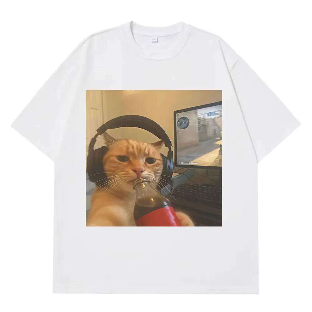 Funny Gamer Cat Meme Tshirt Women Fashion Summer Short-sleeved Tops Harajuku Sleeve Casual Aesthetic Clothes X260209