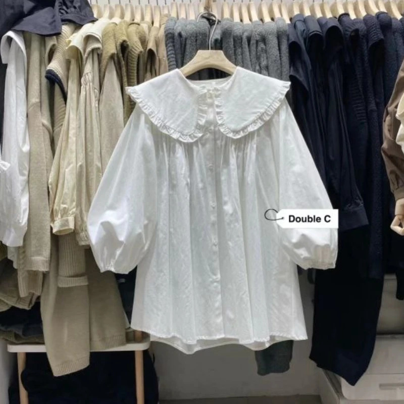 Shirts Women Spring Plaid Peter Pan Collar Ruffles Loose All-match College Japanese Mujer Kawaii Swwet Tender Chemise Femme 260207