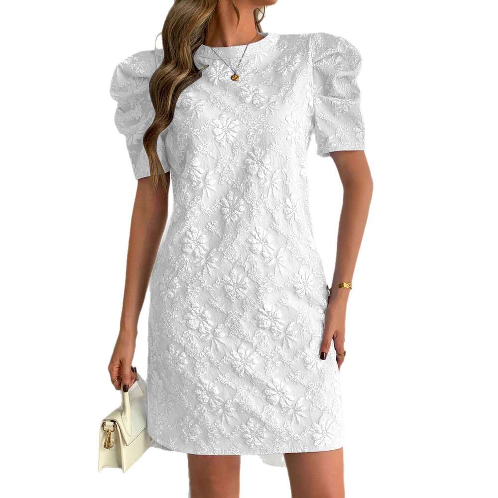 New Women's Ruffle Sleeve Texture Jacquard Collar color lace-up leaf Retro Style Dress Summer daisy relief dress slim fit skirt short sleeved wom