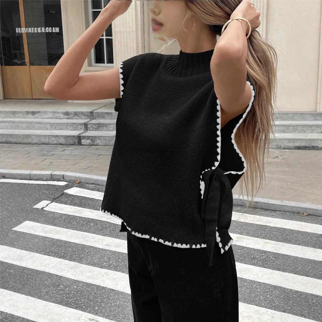 Women's Sleeveless Sweater Vest Minimalist Design with Contrasting Color Bow Tie-Front Top