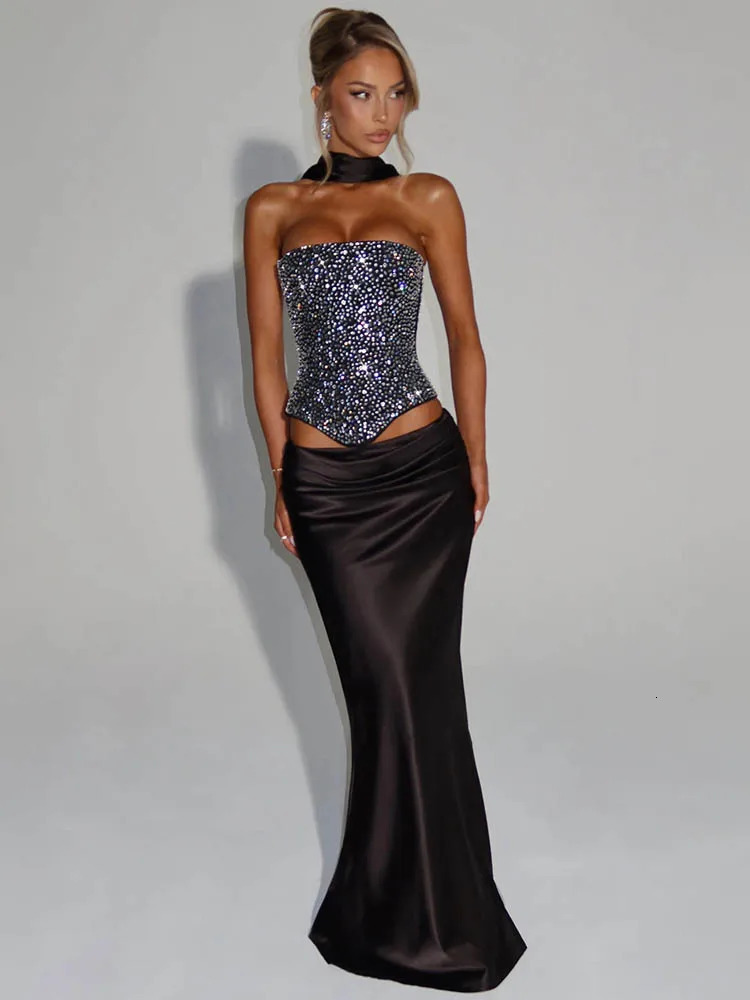 Mozision Sequins Sexy Dress Set Women Sparkle Scarf Collar Crop Tops And Maxi Skirt Elegant Club Party Satin Skirt Matching Set 260208