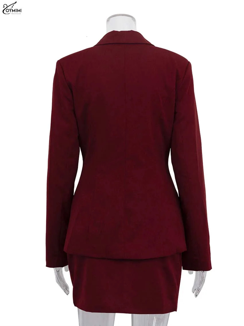 Oymimi Fashion Wine Red Two Piece Set For Women Elegant Long Sleeve Single Breasted Blazers And Slim Simple Mini Skirts Sets 250203
