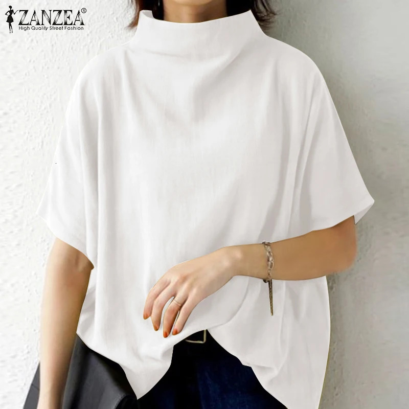 ZANZEA Causal Pure Cotton Blouse Summer Women Solid Turtleneck Short Sleeve Back Zipper Blusas Elegant Holiday Tops Oversized 260207