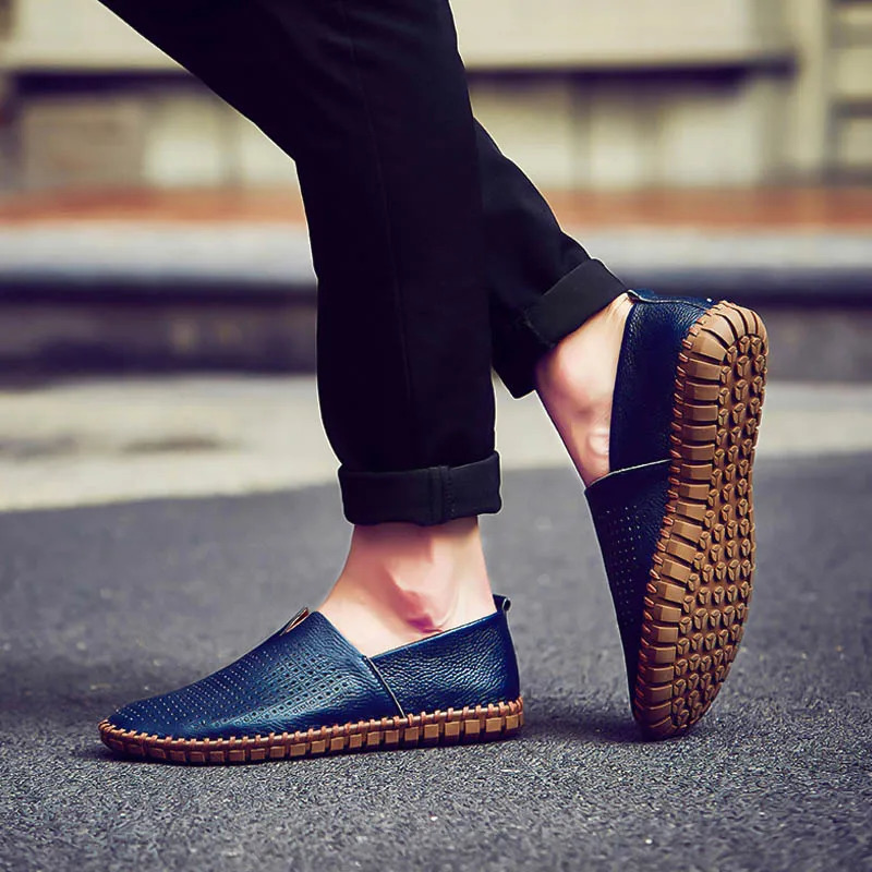 Summer Breathable Men Loafers Handmade Leather Mens Driving Shoes Flat Casual Soft 260126