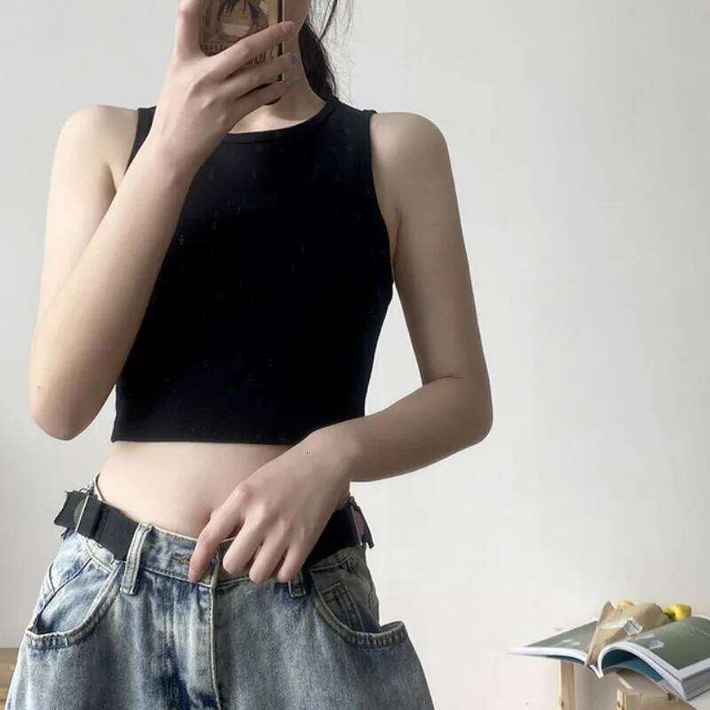 Summer new ladies retro crop high waist slimming stretch slim short sleeveless bottoming top 26Y0209