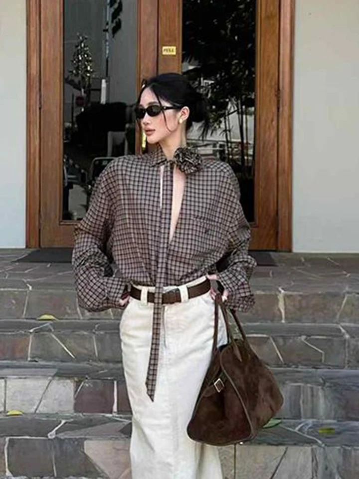 Jmprs Hollow Out Y2K Plaid Shirts Women Streetwear Vintage 3D Floral Lace Up Blouse Gothic Long Sleeve Loose American Casual Top 260207