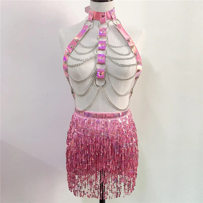 Women PU Leather Harness 2 Piece Set Sexy Hollow Out Metal Chest Chain With Tassel Sequins Mini Skirt Gothic Party Club Outfits 250203