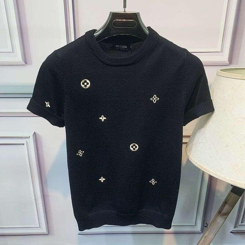 Autumn Winter New Short Round Neck Rhinestone Sweater Fashion Trend T-Shirt Slim Fit Knitted Men's Half Sleeve Base Shirt