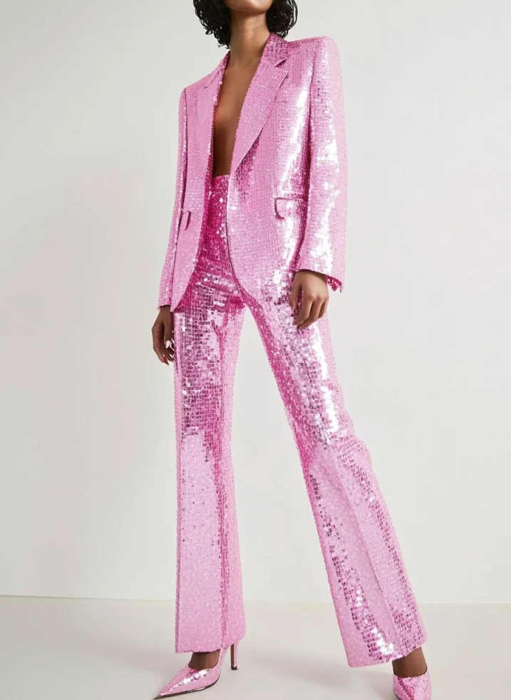 Sequined Women Pants Suits Slim Fit Ladies Sparkly Prom Birthday Party Formal Wear Outfit Hand Made 2 Pieces Customized