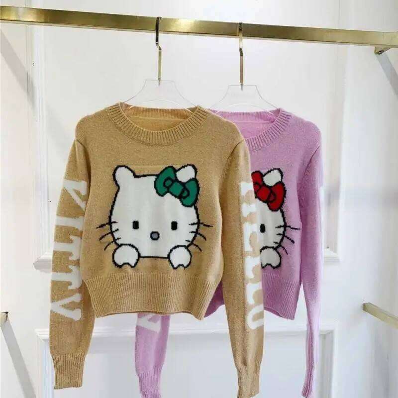 Hello Kittys Long Sleeve Knitwear Women Crop Tops Fashion Sweater Slim Fit Korean Cartoon All Match Round Neck Pullovers