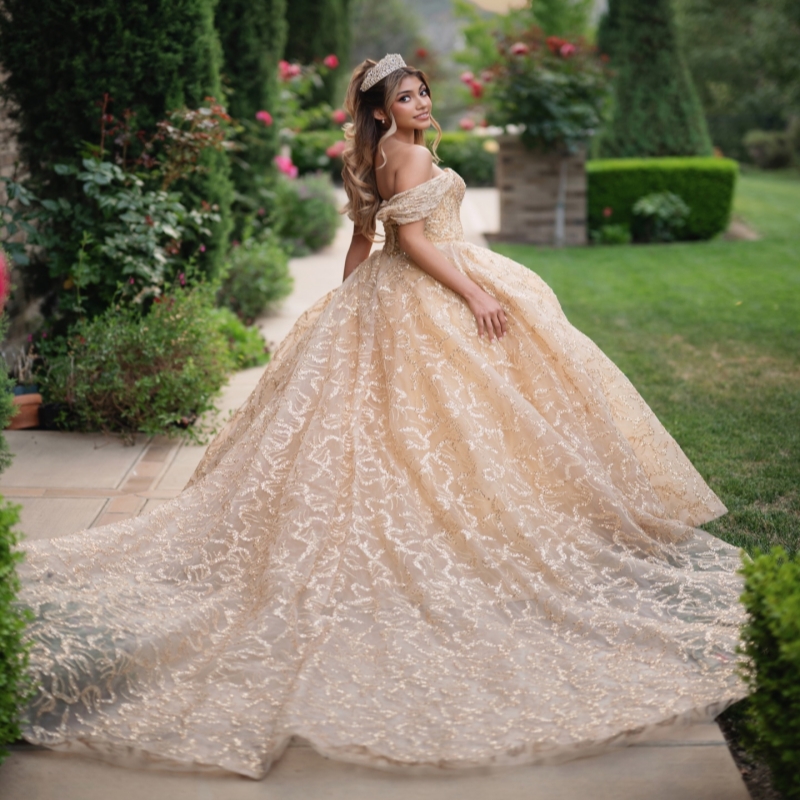Champagne Shiny Quinceanera Dresses Ball Gown Off The Shoulder Sequin Applique Lace Beading Crystal Tull Sweet 16 Dress Vestidos 15 De Anos