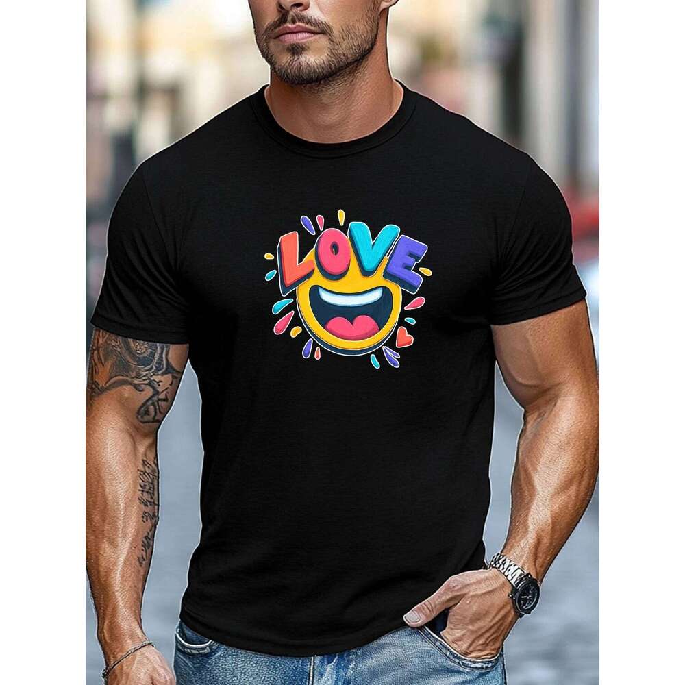 Men's Summer T-Shirt Love Colorful Print Short Sleeve Round Neck Breathable Oversized Sweet Daily Wear X260209