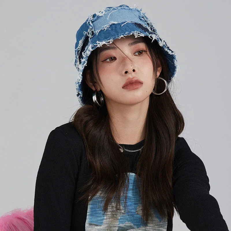 Japanese Niche Bucket Hat Showing Small Face Retro Beggar Style Splicing Contrasting Color Denim Basin Caps for Women 260208