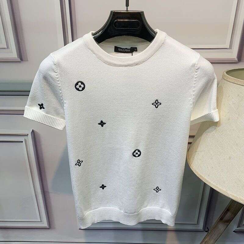 Autumn Winter New Short Round Neck Rhinestone Sweater Fashion Trend T-Shirt Slim Fit Knitted Men's Half Sleeve Base Shirt